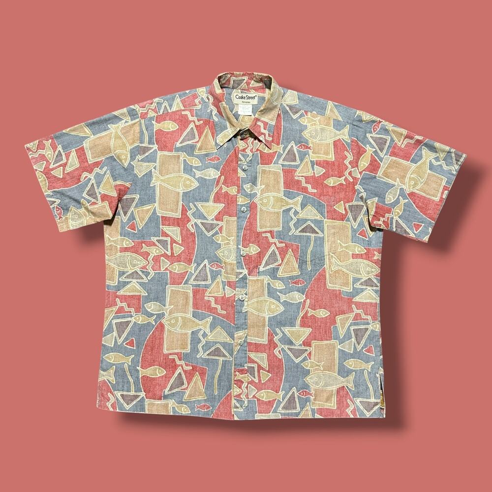 Vintage Hawaiian Shirt Colorful Fish All Over Print Geometric Pattern Button Up